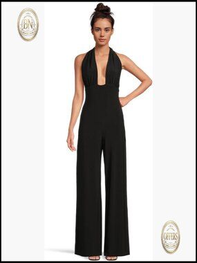 Cross Halter Straight Leg Jumpsuit, Sleeveless, Polyester Spandex Blend